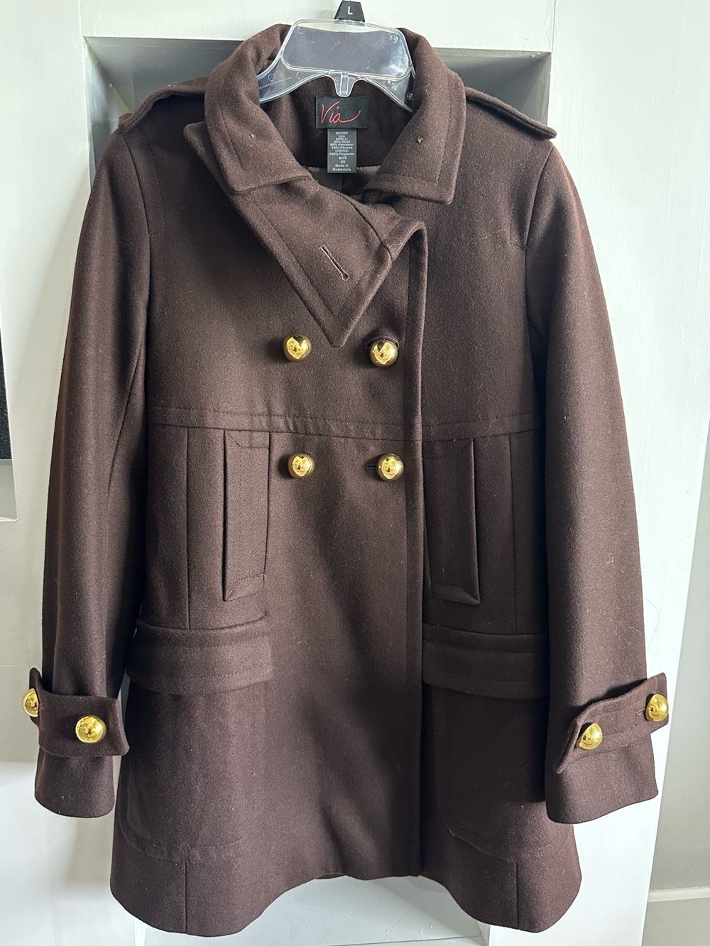 Via 60% Wool Brown Double-Breasted Peacoat – XS